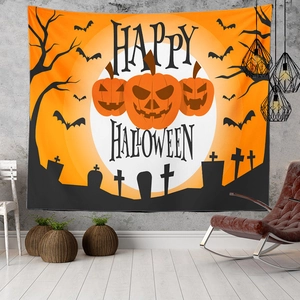 Detail of Halloween tapestry with jack-o-lanterns and bats on industrial wall