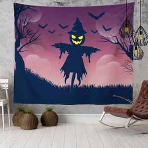 Halloween wall tapestry featuring pumpkin scarecrow and bat silhouettes in dark night theme
