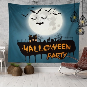 Halloween Party wall tapestry featuring moon and ghost silhouettes in a modern living room