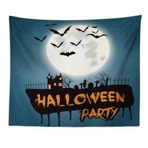 Halloween tapestry with full moon, bats, castle and Halloween Party cemetery scene