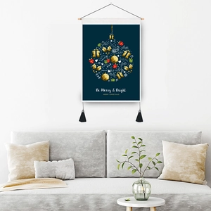 Christmas tree wall hanging tapestry with Be Merry & Bright gold lettering and tassels
