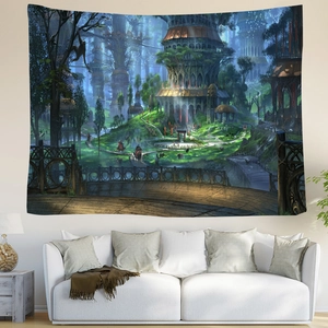 Tapisserie de paysage de forêt fantastique avec cabane dans les arbres au-dessus d'un canapé