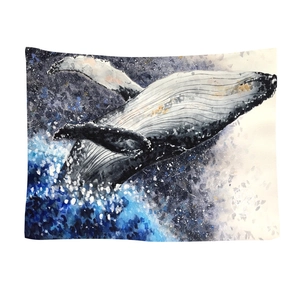 Artistic humpback whale watercolor tapestry with vibrant blue and purple ink splashes