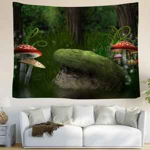 Détail de tapisserie de forêt enchantée avec champignons rouges et rochers moussus au mur