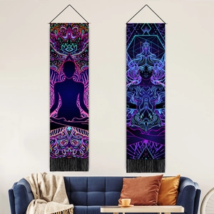 Arazzo a Sospensione Meditazione Psichedelica Buddha Fungo Mandala Arte da Parete in Poliestere Cotone Decorazione Con Nappine Palo Legno per Soggiorno Camera