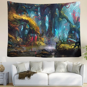 Salon moderne avec tapisserie de forêt mystique et décoration de plantes néon éclatantes