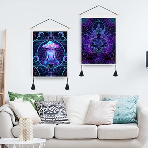 Neon psychedelic mushroom and Zen goddess wall scroll tapestry with black tassels set