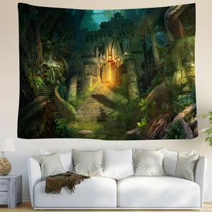 Tapisserie Forêt Fantastique Champignon Mystique Arbre Magique Décoration Murale Tissu Polyester Paysage pour Salon Chambre à Coucher