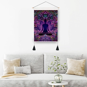 Meditating Buddha wall hanging tapestry with purple lotus mandala and black tassels