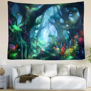 Tapisserie forêt fantastique avec champignons lumineux au-dessus d'un canapé blanc