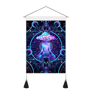 Psychedelic mushroom meditation tapestry with mandala galaxy design and black tassels