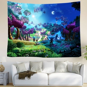Détail d'une grande tapisserie murale forêt fantastique avec îles flottantes et arbres