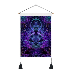 Meditation wall tapestry with mandala pattern and neon purple lotus flower graphics