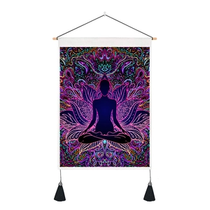 Macro detail of meditation tapestry with neon mandala print, wooden bar and black tassels