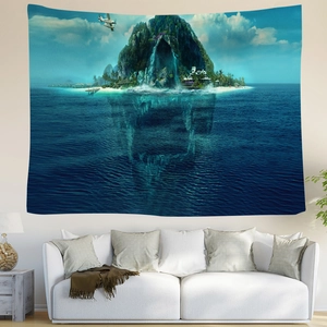 Detail of wall tapestry featuring skull island and waterfall in a modern living room