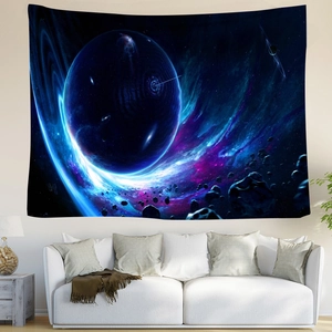 Detailed galaxy tapestry with deep space nebula and cosmic planets in a modern living room