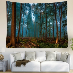 Detailed texture of Nordic forest tapestry fabric showing misty pine trees and woodland path