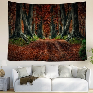 Nordic forest tapestry wall hanging with realistic autumn tree tunnel over a white sofa