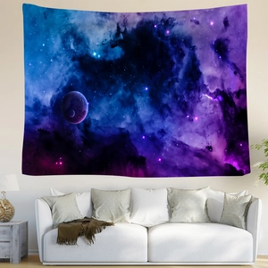 Detailed galaxy tapestry with dreamlike nebula and planet print hanging over a white sofa