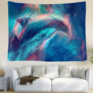 Psychedelic galaxy star tapestry featuring dolphin nebula for modern living room decor