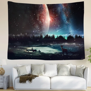 Cosmic galaxy tapestry with red planet and reindeer silhouette in a modern living room