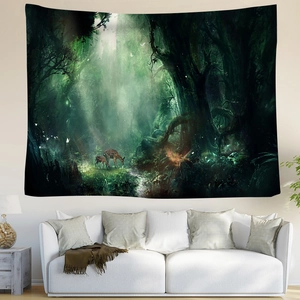 Detail of forest tapestry with deer and morning light hanging above a modern sofa