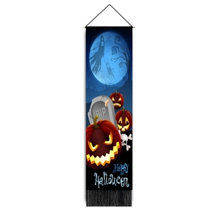 Halloween wall hanging banner with pumpkin, ghost and RIP gravestone on dark blue background