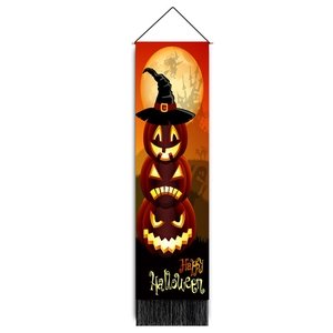 Vertical Halloween wall hanging with pumpkins, wizard hats, and black tassels décor