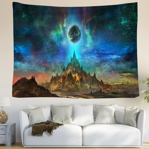 Nordic starry sky tapestry featuring fantasy mountains displayed over a modern white sofa