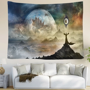 Detail of Nordic starry sky tapestry with giant planets and mountains over a sofa