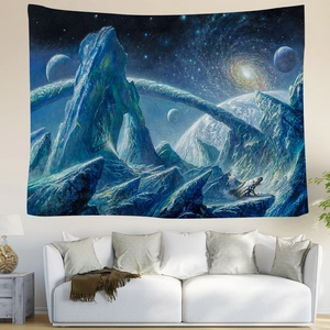 Detailed texture of sci-fi galaxy tapestry showing blue nebulae and crystal mountains