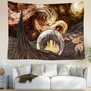 Detail of artistic starry sky tapestry with abstract city and mountain on bedroom wall