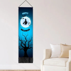Stendardo di Halloween con strega, luna piena e nappe per decorazione murale