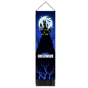 Banner di Halloween verticale con castello, luna e pipistrelli per decorazione murale