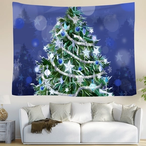 Christmas tree wall tapestry with blue ornaments and snowy night background in a cozy living room