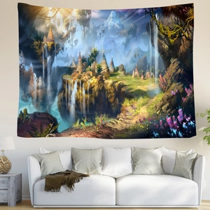 Detail of a fantasy wonderland tapestry with waterfalls and floating islands over a sofa