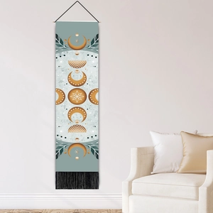 Bohemian Buddha lotus mandala wall tapestry with moon phases and elegant black tassels