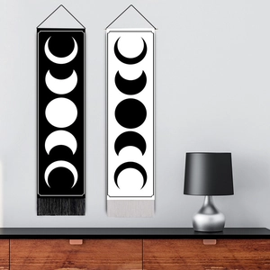 Minimalist moon phase wall tapestry with fringe in black and white designs for home decor