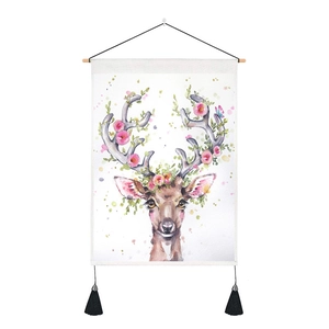 Detail of hanging scroll with watercolor reindeer and flowers on a white background
