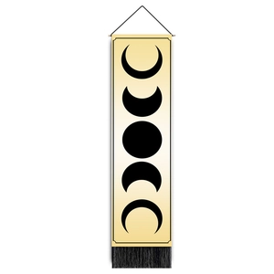 Vertical wall tapestry with moon phase print, wooden pole and black tassels for home decor