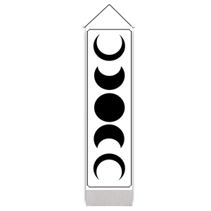 Vertical wall tapestry with moon phase print on white canvas and decorative tassels