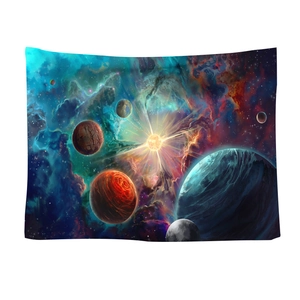 Psychedelic galaxy space tapestry featuring vibrant planets and nebula wall decor