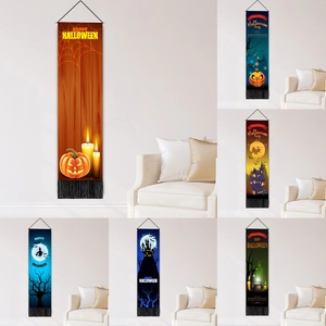 Halloween Arazzo Da Parete Cotone Lino Zucca Castello Stampa Banner Con Nappe Con Asta In Legno E Corda Home Decor