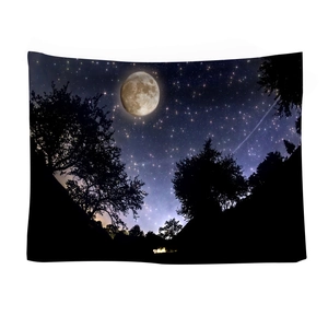 Nordic starry night sky tapestry with full moon and forest silhouette for room decor