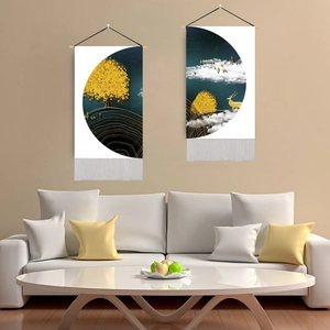 Modern dual tapestry wall art with golden deer and birds on deep blue background
