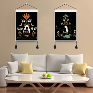 Bohemian Wall Tapestry Yoga Meditation Moon Phase Floral Print Polyester Cotton With Wooden Rod And Tassels Home Decor