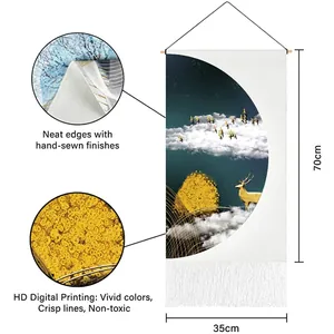 Vertical lucky deer tapestry 35x70cm with 3D digital print landscape and white tassels