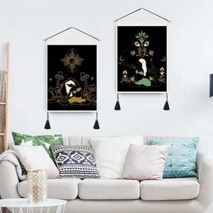 Bohemian moon phase and sun tapestry with yoga figure, wooden poles and black tassels