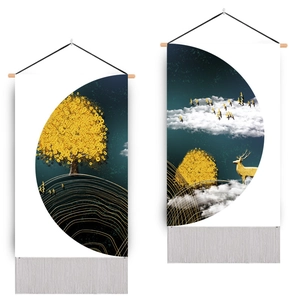 Vertical wall art set with golden deer and money tree design and hanging tassels