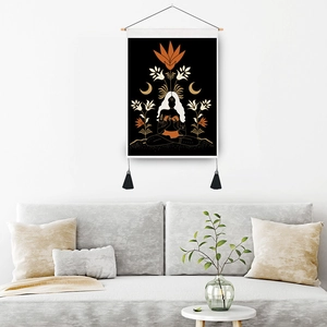 Bohemian tapestry featuring moon phases and meditation girl with tassels and wood pole